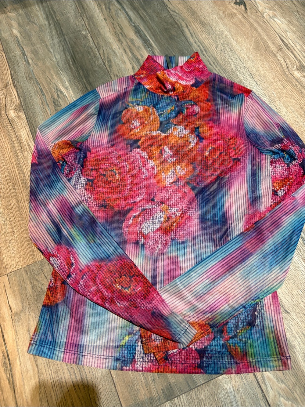 Anthropologie Ribbed Mock Neck Floral Long-Sleeve Top in Pink, Blue, Orange